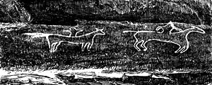 Фигуры всадников, изображенные на скале около пещеры у деревни Картухай
