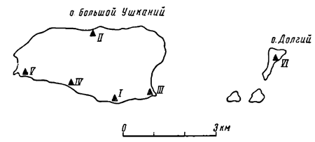 Местоположение археологических памятников на Ушканьих островах