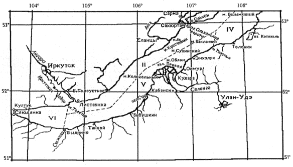 Схема расположения рыбопромысловых районов в южной части озера Байкал